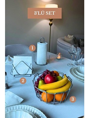 Maison Luré Mat Gümüş Renkli 3’lü Set, Dekoratif Mutfak ve Banyo Saklama Sepetleri