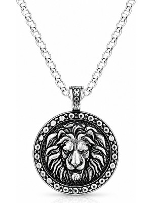 Ak Store Silver Erkek Çerçeve İçinde Aslan Kral Figürlü K-109 Paslanmaz Kromix Çelik Gümüş Kaplama Kolye Madalyon