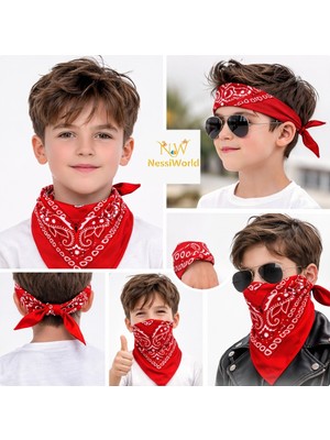 Kaufhier Kırmızı Kovboy Fuları Çocuk Bandana Western Desenli Boyun Fuları