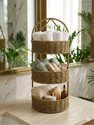 Maison Luré 3 Katlı Rattan Banyo ve Havluluk - Doğal Hasır Şıklığıyla Fonksiyonel Tasar Sepet