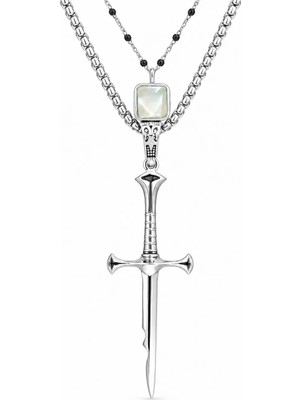 Ak Store Silver Erkek, Narsil Gücün Efendisi Aragon Kılıcı Kırık Kılıç Figürlü K-101 Paslanmaz Kromix Çelik Gümüş Kaplama Kolye Madalyon