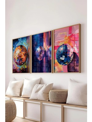 Empressco Ahşap Çerçeveli Tablo Seti, Disko Topu Maximalist Duvar Tablosu, 3 Adet Poster Seti, NO:300796