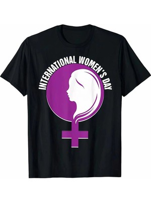 Zenviaa 8 Mart Dünya Kadınlar Günü Baskılı Oversize Bisiklet Yaka T-Shirt - Siyah ZENVIAAC12
