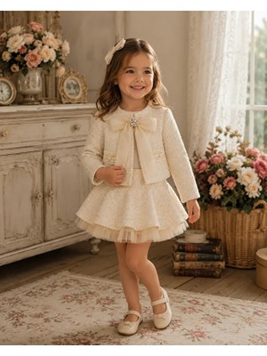 ministok Ivory Elegance Kız Çocuk 3'lü Tüvit Takım (Bluz, Ceket ve Etek)