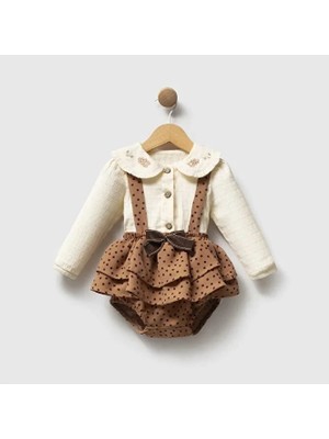 ministok Mocha Bloom Yakası Nakış Detaylı Puantiyeli 2'li Kız Bebek Salopet Takım