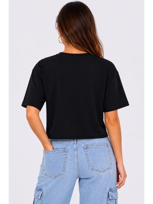 İlk El Grup Kedi Baskılı Oversize Crop Tişört Salaş Basic Yarım Kol T-Shirt - Siyah