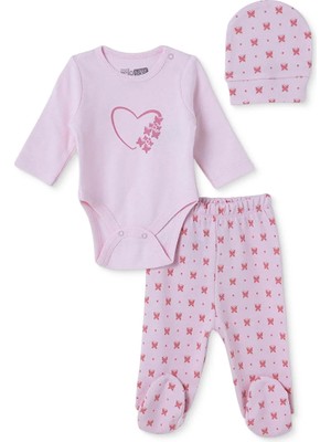 Hellobaby Kız Bebek Body-Alt-Şapka Kalp Baskılı Çıtçıtlı Bisiklet Yaka Uzun Kol Patikli