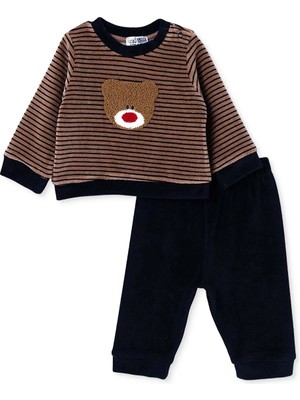 Hellobaby Erkek Bebek Kadife Sweatshirt-Alt Ayı Baskılı Çıtçıtlı Bisiklet Yaka Uzun Kol Patiksiz