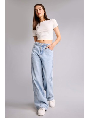 DeFacto %100 Pamuk Wide Leg Yüksek Bel Açık İndigo Pantolon H6905AX26AU