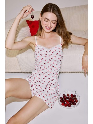 DeFacto Regular Fit Şortlu Askılı Desenli 2'li Ekru Pijama Takımı H7393AX26HS