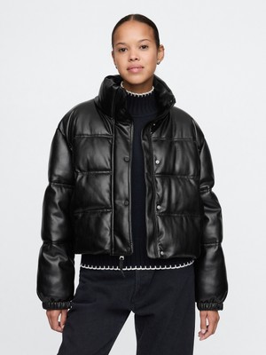 Gap Kadın Siyah Vegan Deri Crop Puffer Şişme Mont