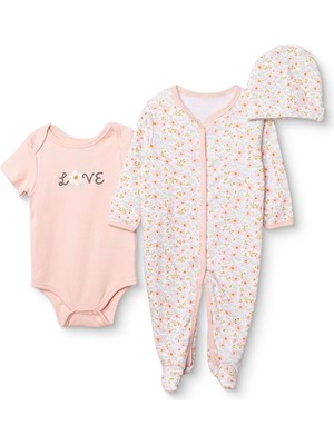 Hellobaby Kız Bebek Tulum-Body-Şapka Çiçek Baskılı Çıtçıtlı Bisiklet Yaka Uzun Kol Patikli