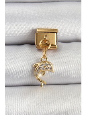 İlk El Grup 316L Çelik Sallantılı Zirkon Taşlı Yunus Balığı Model Gold Renk Nomination Charm