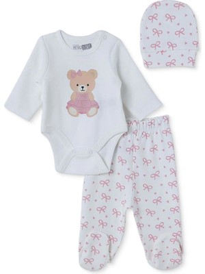 Hellobaby Kız Bebek Body-Alt-Şapka Hayvan Baskılı Çıtçıtlı Bisiklet Yaka Uzun Kol Patikli