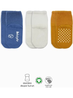 İlk El Grup 3'lü Basic Kaymaz Penye Soket Çorap 10107 Indigo Ekru Hardal