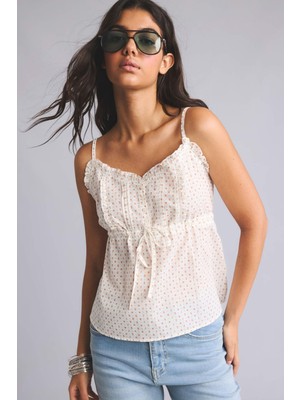 DeFacto %100 Pamuk Regular Fit V Yaka Baskılı Vual Kolsuz Ekru Bluz I3499AX26HS