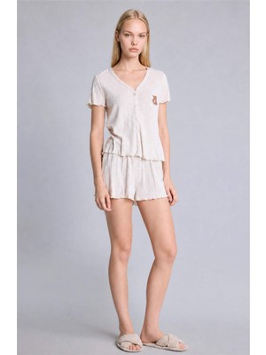 DeFacto Regular Fit Kısa Kollu Şortlu 2'li Bej Melanj Pijama Takımı H6328AX26AU
