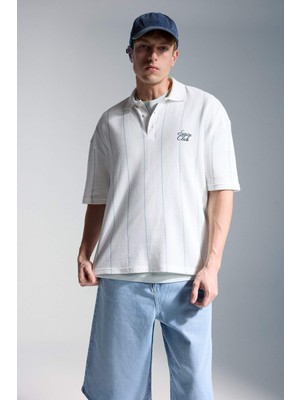 DeFacto Loose Fit Baskılı Kısa Kollu Polo Mavi Tişört G4273AX26AU