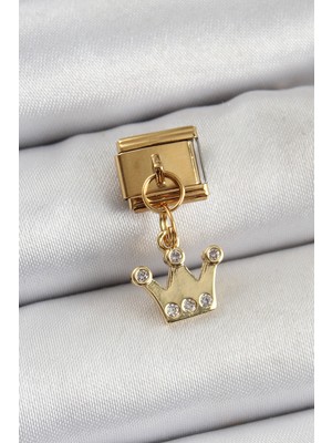 İlk El Grup 316L Çelik Sallantılı Zirkon Taşlı Kraliçe Tacı Model Gold Renk Nomination Charm