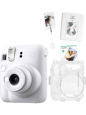 Fujifilm Instax Mini 12 Beyaz Fotoğraf Makinesi +10'lu Film Kıskaçlı Stand Pvc Albüm ve Simli Pleksi Kılıf Seti