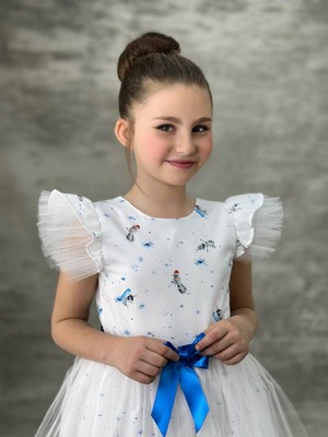 Pistyle Kız Çocuk Beyaz Elsa ve Anna Karakter Baskılı Mavi Tüllü Doğum Günü Elbisesi ve Abiye