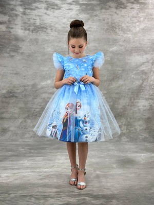 Pistyle Kız Çocuk Mavi Elsa ve Anna Karakter Baskılı Mavi Tüllü Doğum Günü Elbisesi ve Abiye