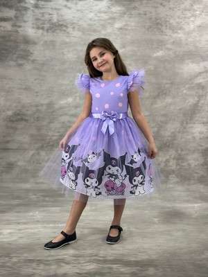 Pistyle Kız Çocuk Mor Kuromi Desenli Belden Fiyonklu Omuzlar Fırfırlı Tüllü Elbise