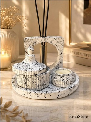Ersu Store Mermer Desen Vernikli Kokulu Soya Mum, Vazo, Tea Light Tepsi ve Siyah Bambu Çubuklu Oda Kokusu