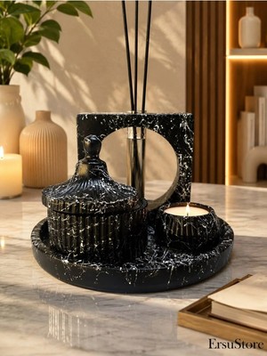 Ersu Store Mermer Desen Vernikli Kokulu Soya Mum, Vazo, Tea Light Tepsi ve Siyah Bambu Çubuklu Oda Kokusu