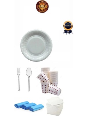 Empressco 25 Kişilik 20CM Köpük Tabak Seti Kullan At Tabak Çatal Kaşık Bardak Peçete Çöp Poşeti