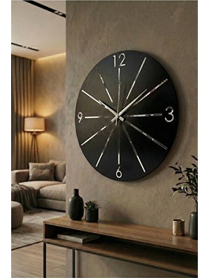 Velmora Siyah-Gri Aynalı Çizgi Desenli Sessiz , 50CM | Duvar Saati