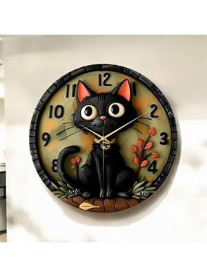 Velmora Renkli Çocuk ve Kedi Desenli Ahşap , Yılbaşı Hediyesi | Duvar Saati