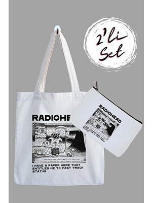 Velmora Radiohead Baskılı Bez Çanta ve Kalemlik, Çiftli Avantaj Seti | Omuz Çantası