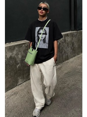 Madmext Siyah Oversize Baskılı Kadın Tişört MG1764