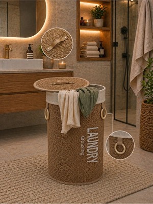Velmora Modern Bambu Yuvarlak Kirli , Kapaklı ve Şık | Çamaşır Sepeti