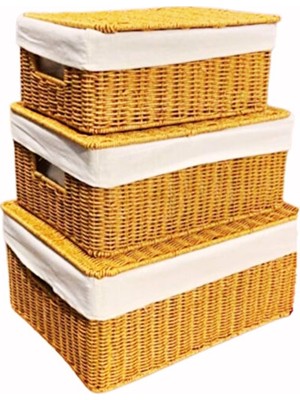 Velmora Dikdörtgen Rattan Bez Kapaklı - 3'lü Set | Sepet