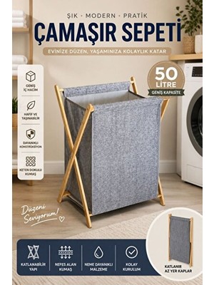 Velmora Bambu Katlanır , 50 Litre Kapasiteli ve Organizer Özellikli | Çamaşır Sepeti