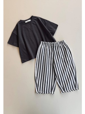Cigit Oversize T-Shirt Takım 2-10 Yaş Antrasit Siyah Çizgili