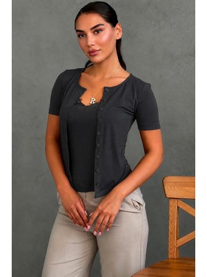 Madmext Füme Dantel Detaylı Slim Fit Kısa Kol Kadın Hırka MG2710