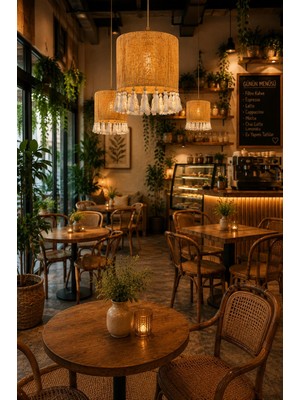 Livadesign7 El Yapımı Püsküllü Rafya Bohem Avize - Kafe, Balkon, Hol, Salon Sarkıt Avize