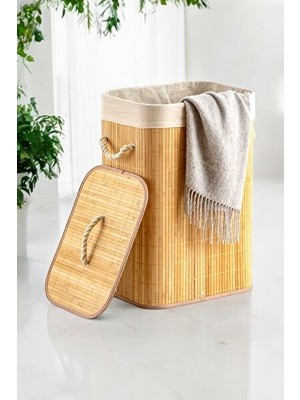 Velmora Bambu Hasır Kare Kirli , Ipli Naturel Doğal Tasarım, 40X30X50 | Çamaşır Sepeti