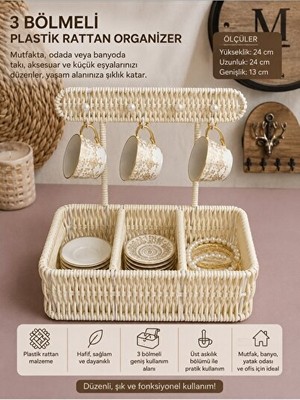 Velmora Çok Amaçlı 3 Bölmeli Rattan Organizer, Takı ve Kahve Fincanı Saklama | Sepet