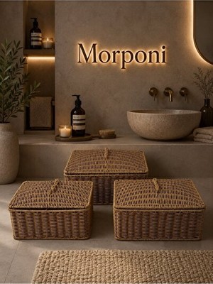 Velmora Lüks Rattan Kapaklı Çok Amaçlı Düzenleyici , Ev ve Banyo Organizeri | Sepet