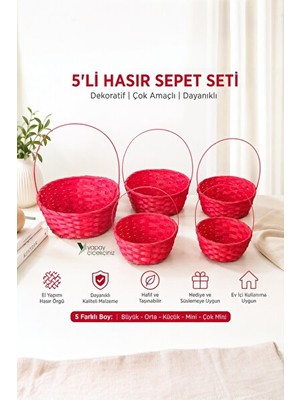 Velmora Dekoratif 5’li Hasır Seti, Saksılık ve Organizer | Sepet