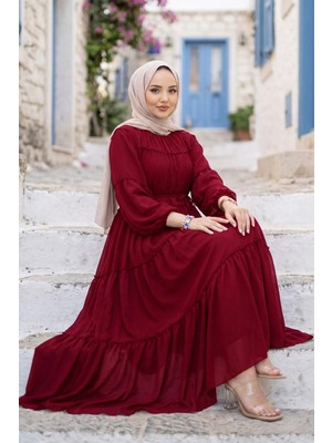 Hafsa Mina Beli Bağlamalı Fırfır Detaylı Astarlı Şifon Elbise Kırmızı HM2942