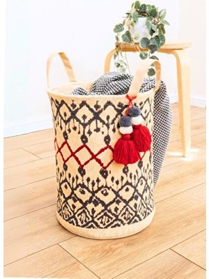 Velmora Renkli Kilim , Çok Amaçlı Yuvarlak Plaj Çantası 37X30 cm | Sepet