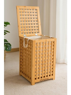 Velmora Büyük Kapaklı Bambu Kirli Sepeti - 45X45X62 Cm, Estetik ve Dayanıklı | Çamaşır Sepeti