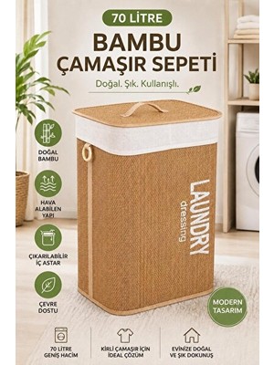 Velmora Geniş Bambu Dikdörtgen Kapaklı ve Katlanabilir 70 Lt. | Çamaşır Sepeti
