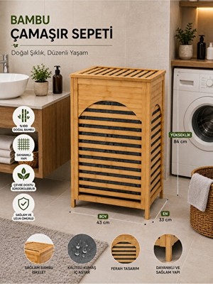 Velmora Bambu Kapaklı 110 Lt Banyo , Katlanabilir ve Doğal Görünüm | Çamaşır Sepeti