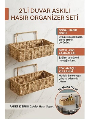 Velmora Duvar Askılı Rattan Organizer, Dikdörtgen Hasır Görünümlü Mutfak Rafı Seti | Çamaşır Sepeti